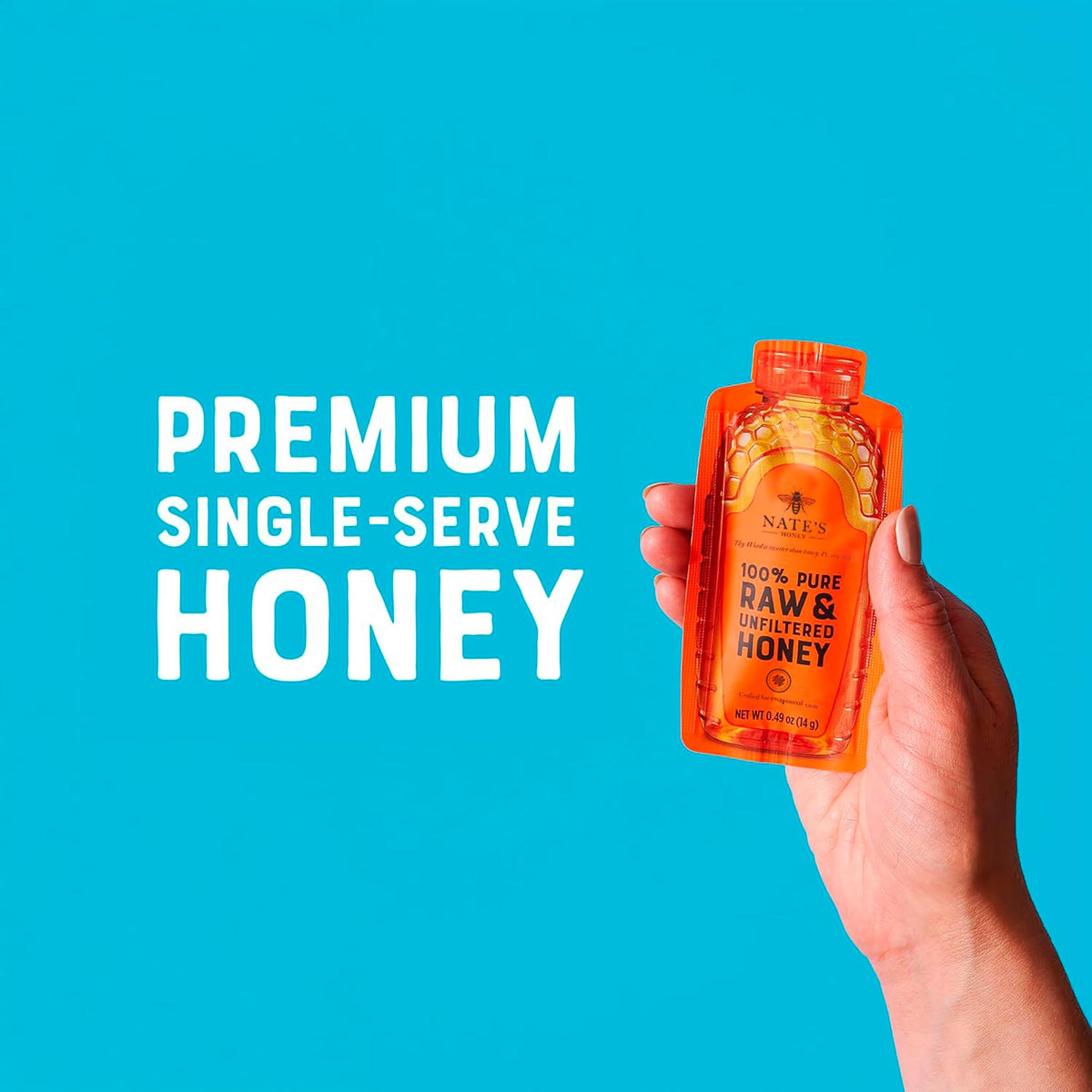 Close-up of Nate's Honey Minis packets showing individual portions for mess-free use.