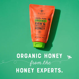 Nate's Organic Honey with no-drip squeeze cap for easy dispensing.