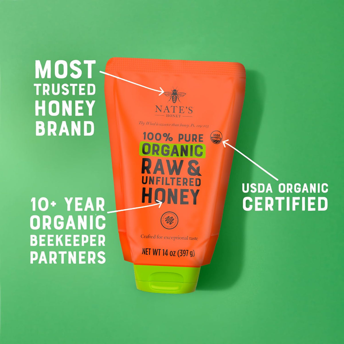 Nate's Organic Honey purity guarantee signals trusted quality.