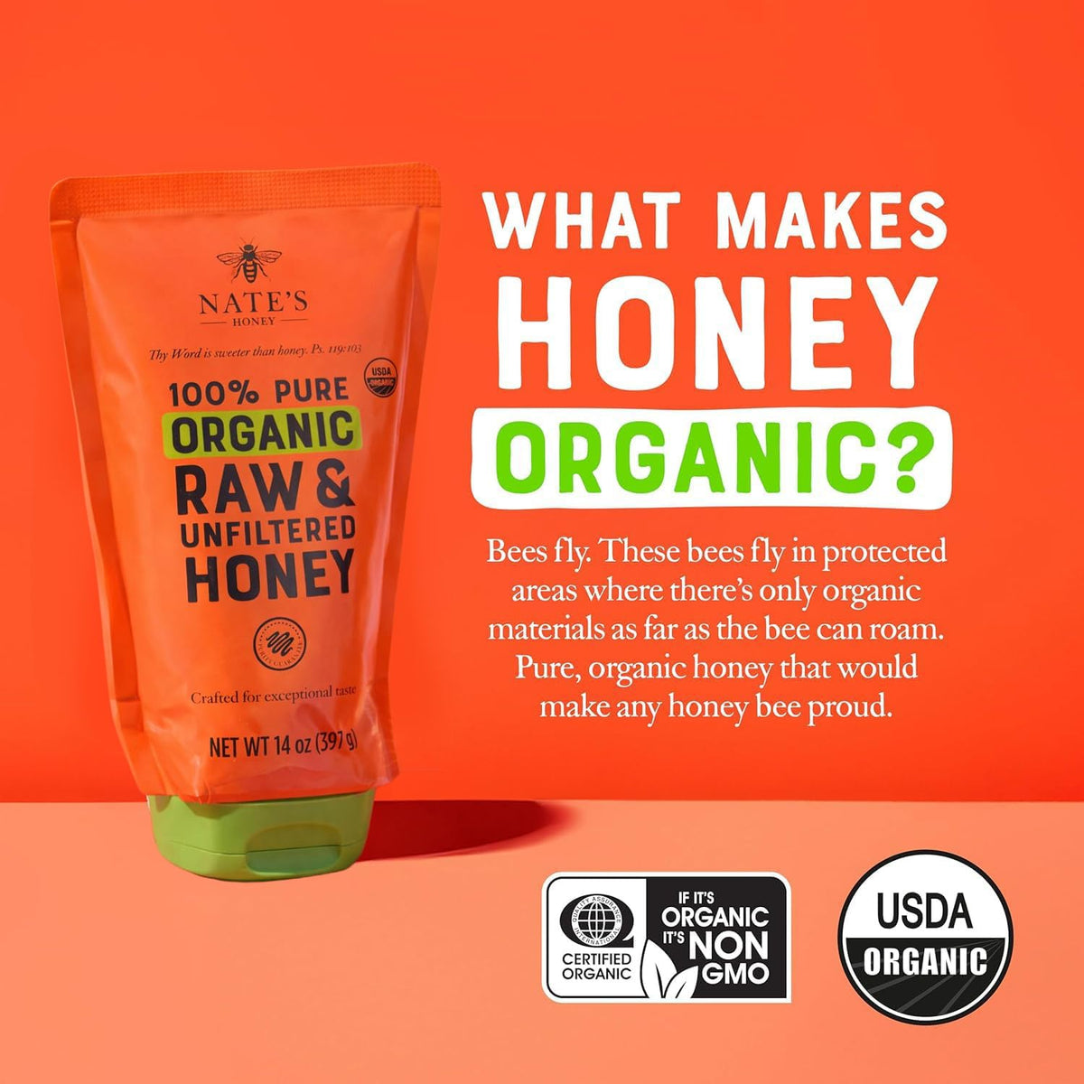 Nate's Organic Honey raw and unfiltered preserves pollen and flavor.