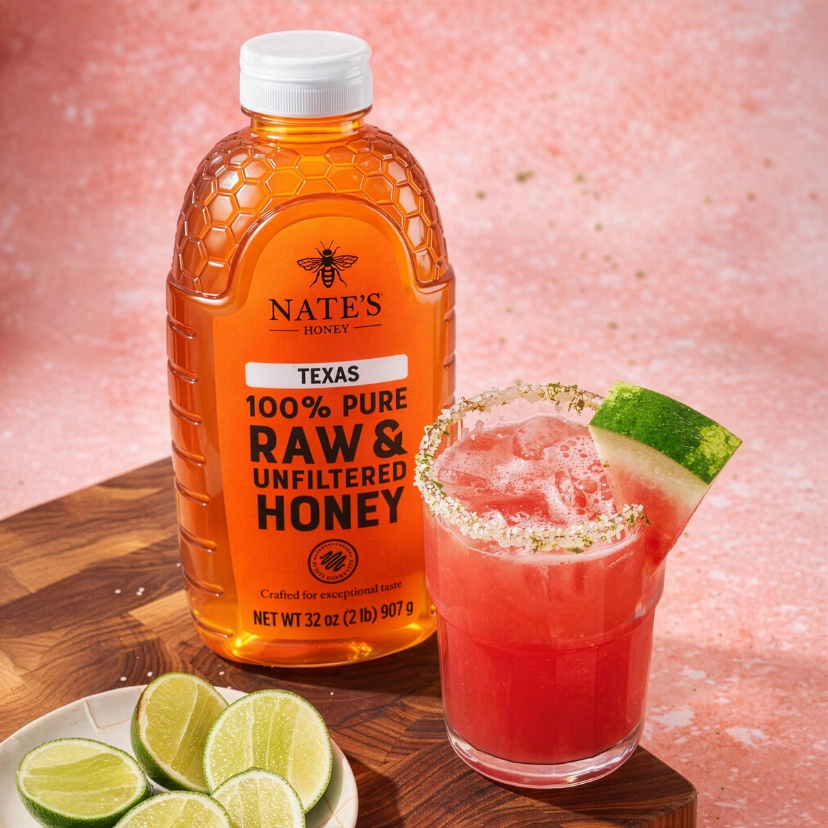 Nate's Honey Texas Raw bottle with coffee illustrating a natural sweetener option