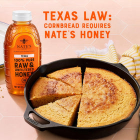 Close-up of Nate's Honey Texas Raw bottle label emphasizing purity and unfiltered texture
