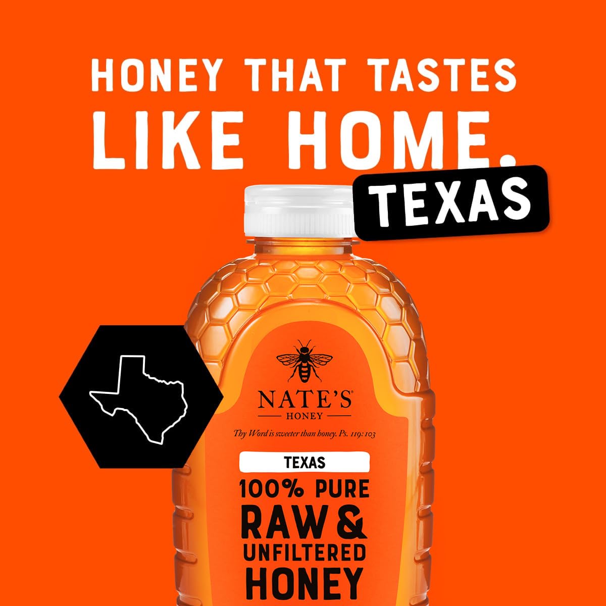 Nate's Honey Texas Raw bottle on a spoon ready to drizzle over yogurt and oats