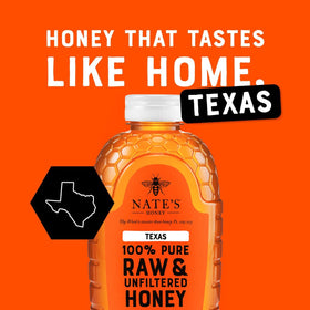 Nate's Honey Texas Raw bottle on a spoon ready to drizzle over yogurt and oats
