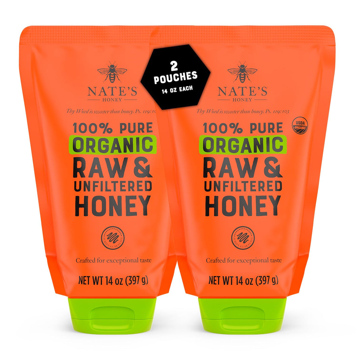 Nate's Organic Honey two-14oz no-drip pouches for mess-free pouring.