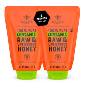 Nate's Organic Honey two-14oz no-drip pouches for mess-free pouring.