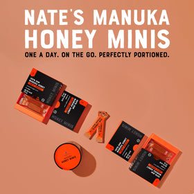 Nate's Manuka Honey Minis 10-count packaging showing travel-ready convenience.