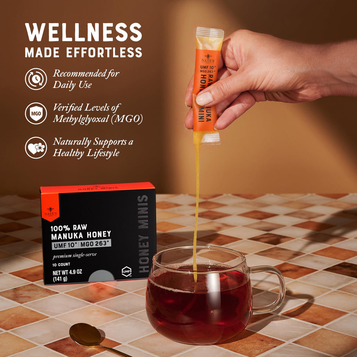 Nate's Manuka Minis drizzle-ready packet ideal for breakfast toppings.