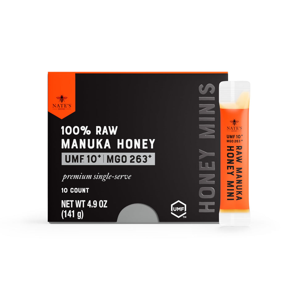 Nate's Manuka Minis packet close-up: pure honey for mess-free on-the-go use.