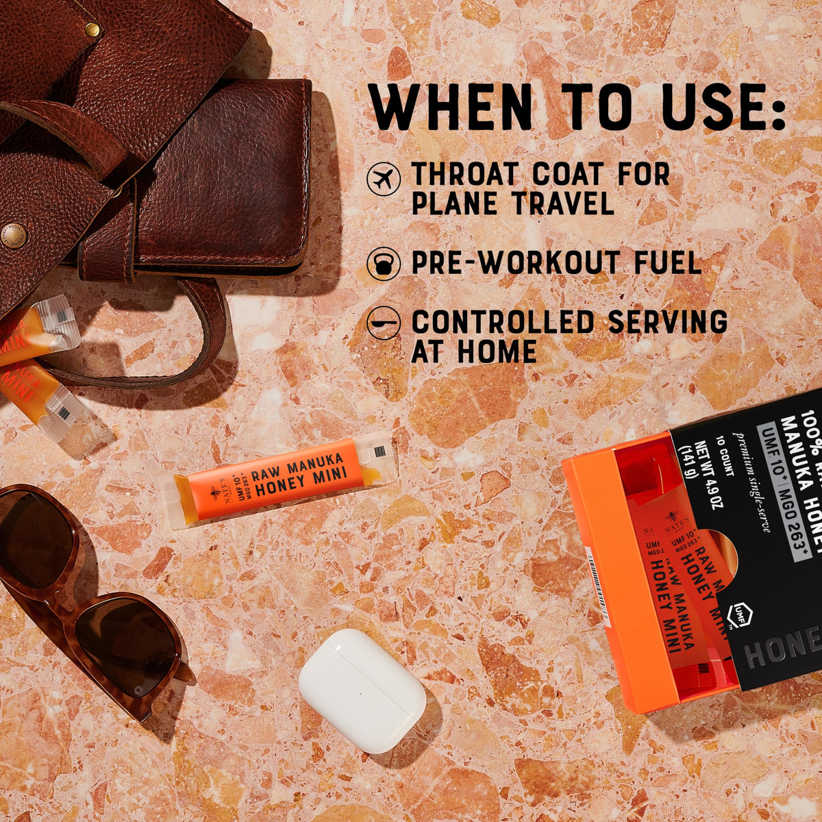 Nate's Manuka Minis raw, pure honey captured in convenient single-serve.