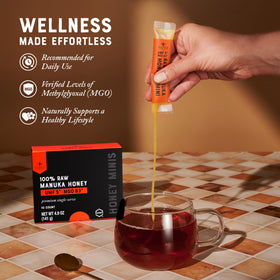 Nate's Manuka Honey Minis UMF 5+ certification badge and purity emphasis.