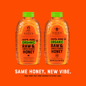 Bees and hive imagery linking Nate's Honey to beekeeping origins