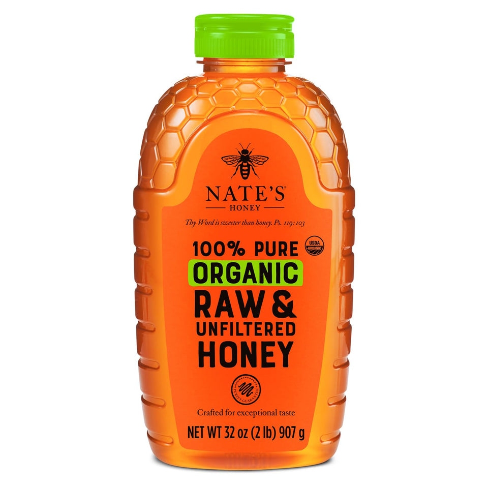 Nate's Honey bottle front with organic seal, ideal for natural sweetening