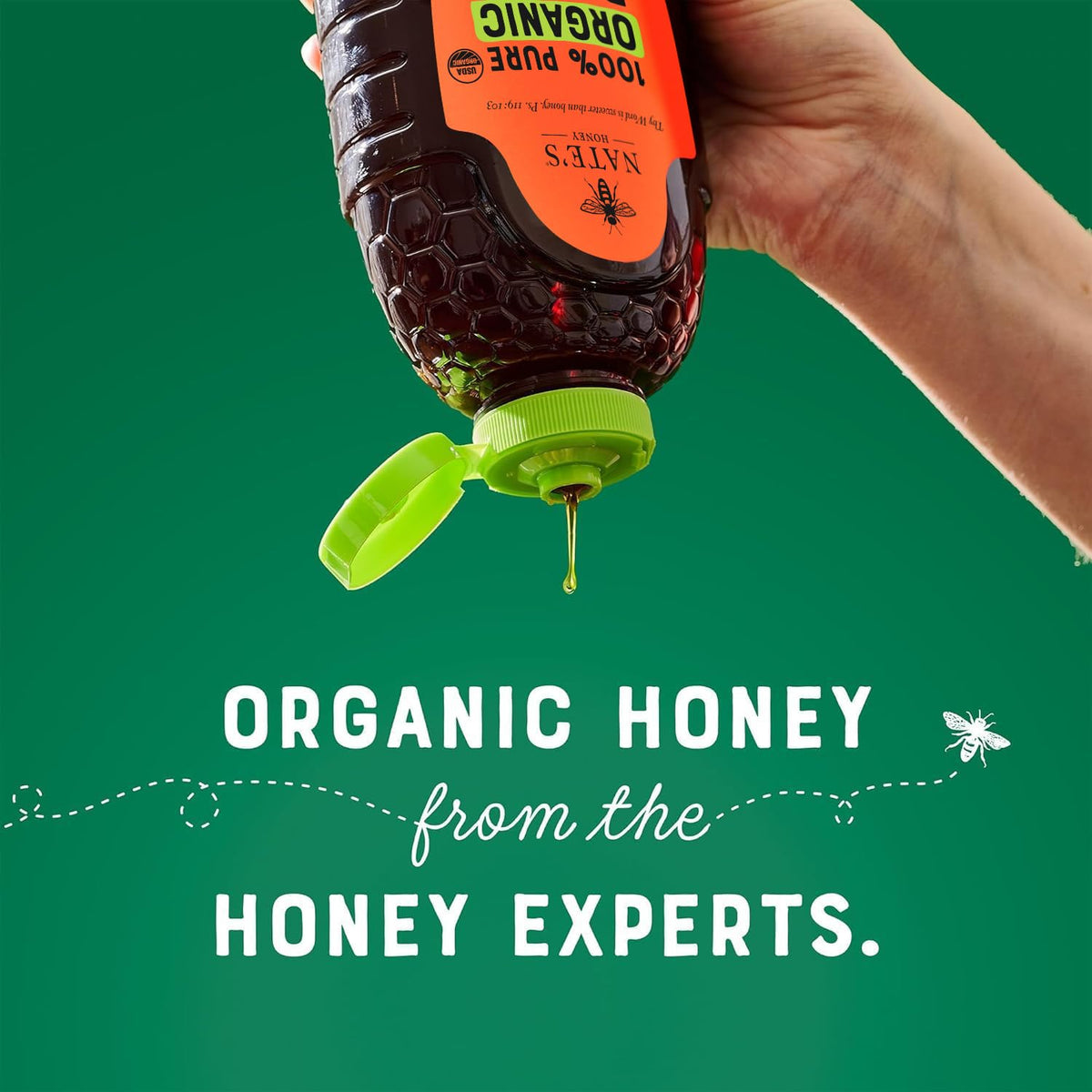 Nate's Honey being poured for smooth drizzle on foods or drinks