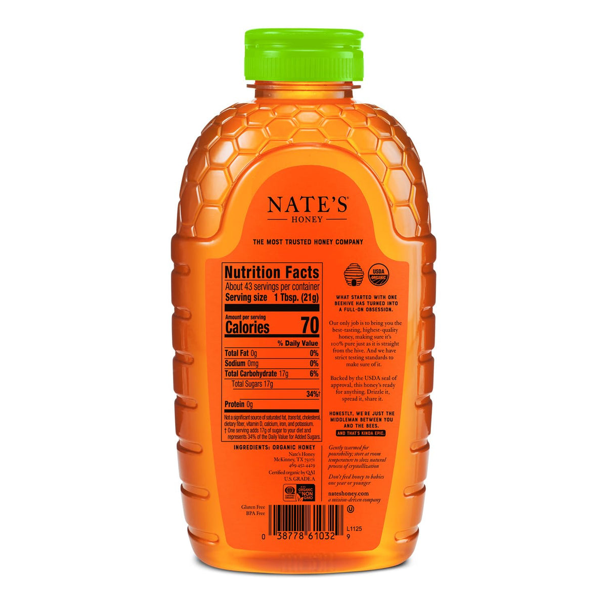 Nate's Honey packaging box and 32oz squeeze bottle convenience