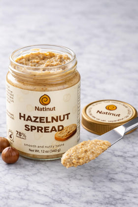 Natinut 78% hazelnut paste close-up showing chunky nut pieces for crunch