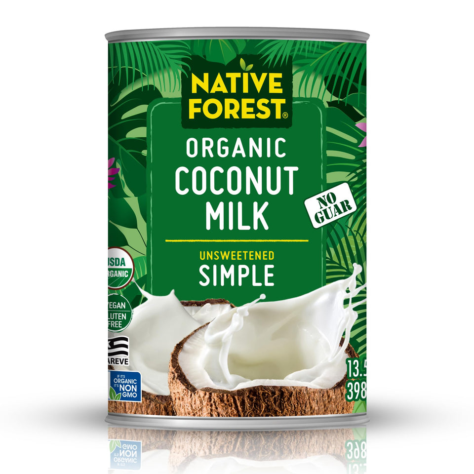 Native Forest coconut milk unsweetened can label highlights simple ingredients and organic farming.