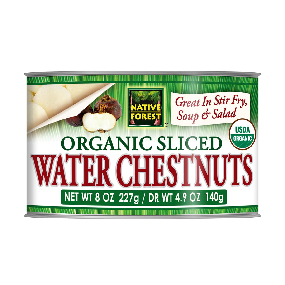 Native Forest Organic Sliced Water Chestnuts can – crisp, ready to add to salads.