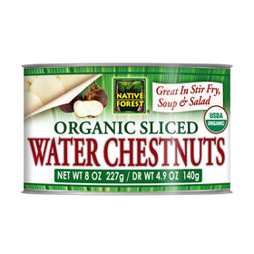 Native Forest Organic Sliced Water Chestnuts can – crisp, ready to add to salads.