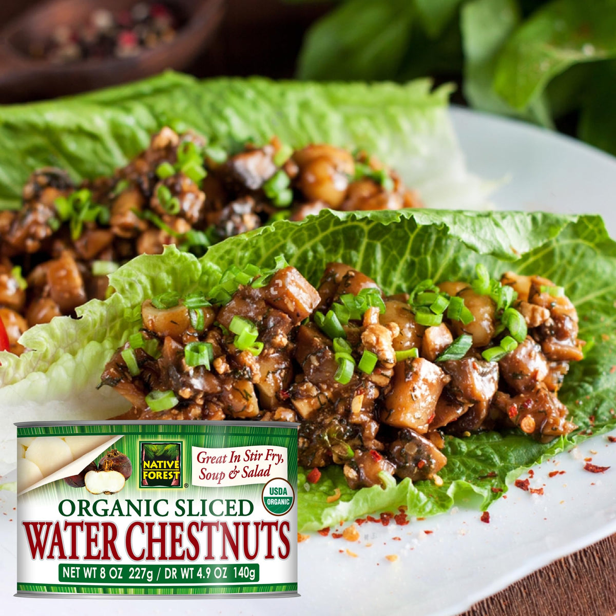 Native Forest Organic Sliced Water Chestnuts pack front – convenient organic pantry staple.
