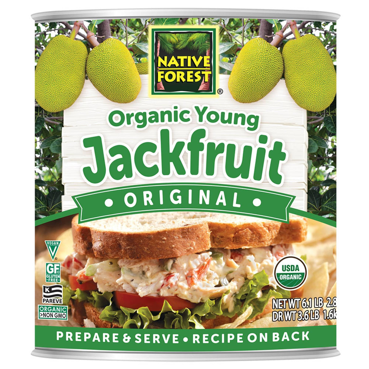 Native Forest Organic Young Jackfruit can front, ideal meatless base.
