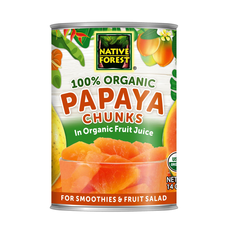 Native Forest papaya chunks in juice can — ready for smoothies and fruit bowls.