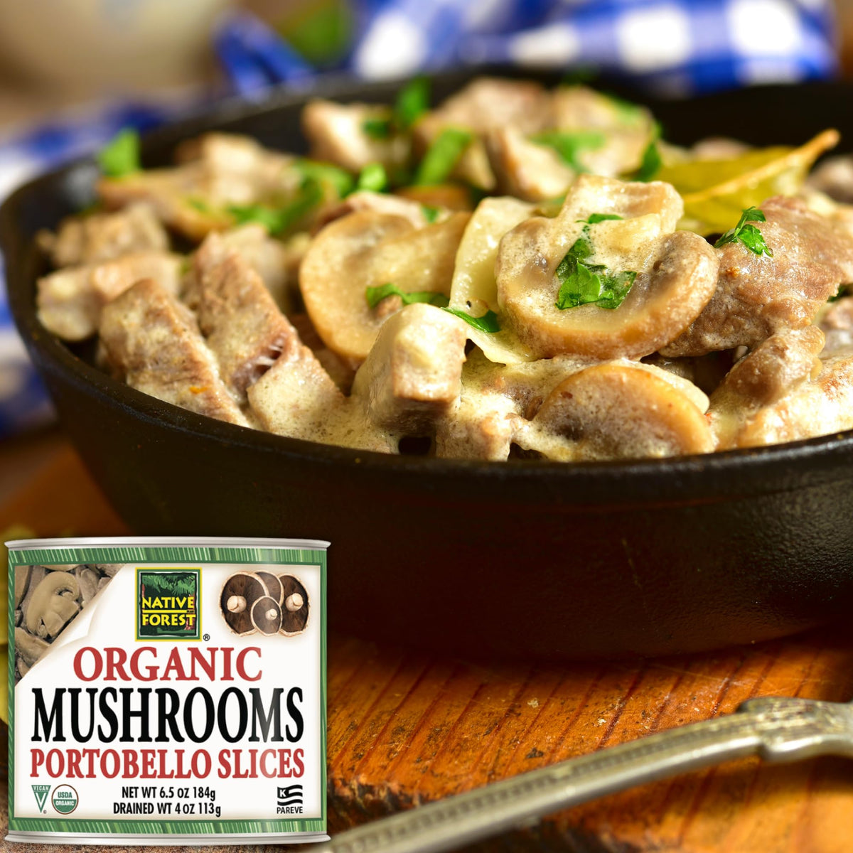 Native Forest portobello slices pizza topping for hearty plant-based meals.