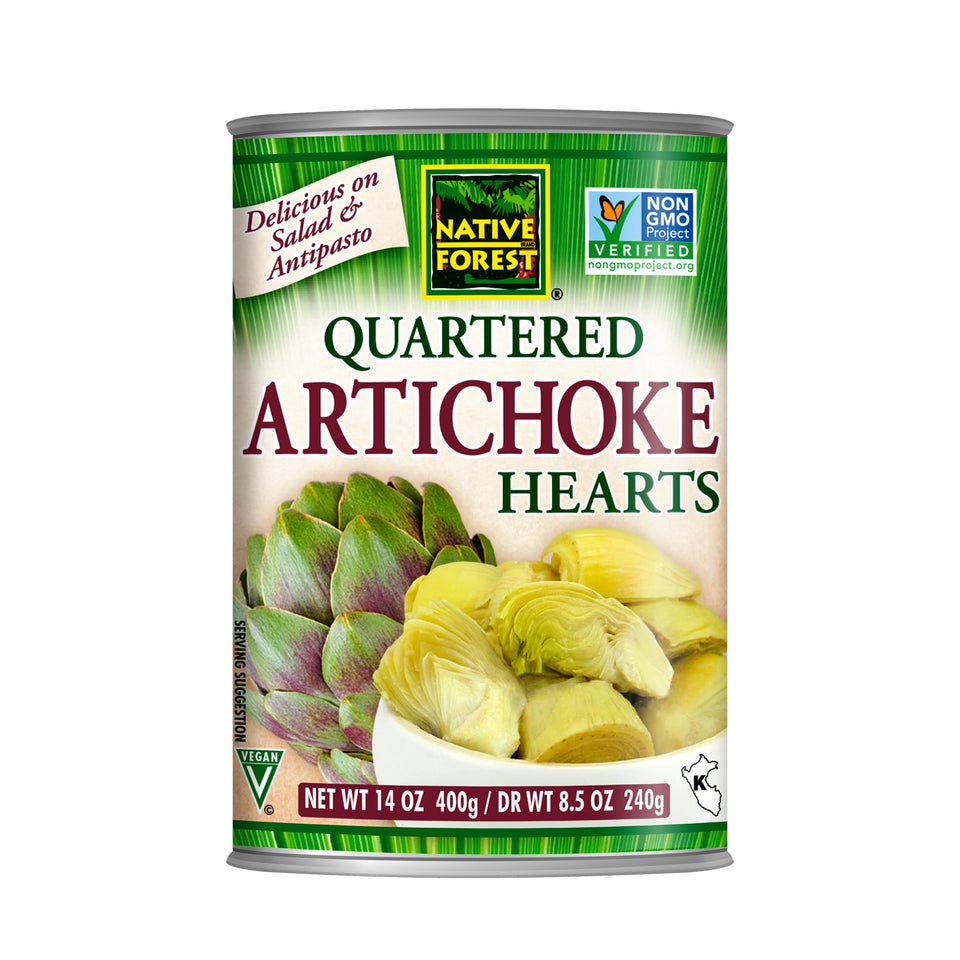 Native Forest quartered artichoke hearts can, front view, ideal for salads.