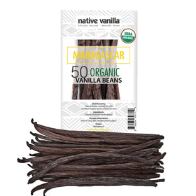 Native Vanilla 50 organic Madagascar beans close-up with seeds for rich baking.