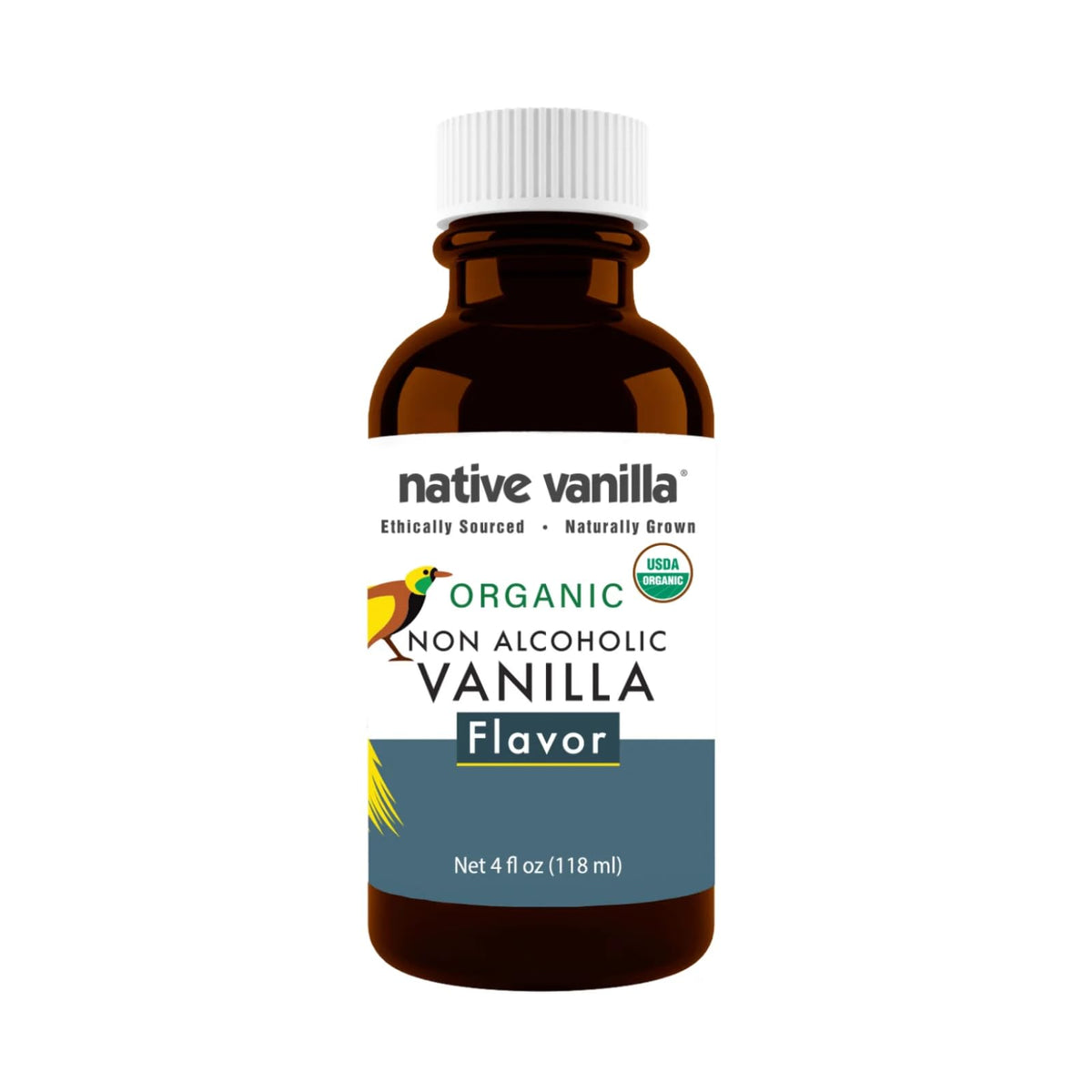 Native Vanilla bottle front shows organic vanilla flavor ideal for baking