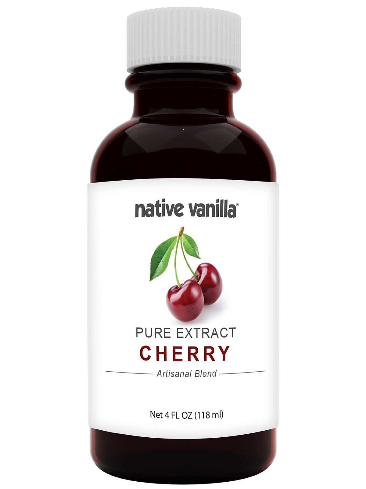 Native Vanilla Pure Cherry Extract bottle on countertop adds rich flavor to recipes.