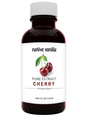 Native Vanilla Pure Cherry Extract bottle on countertop adds rich flavor to recipes.