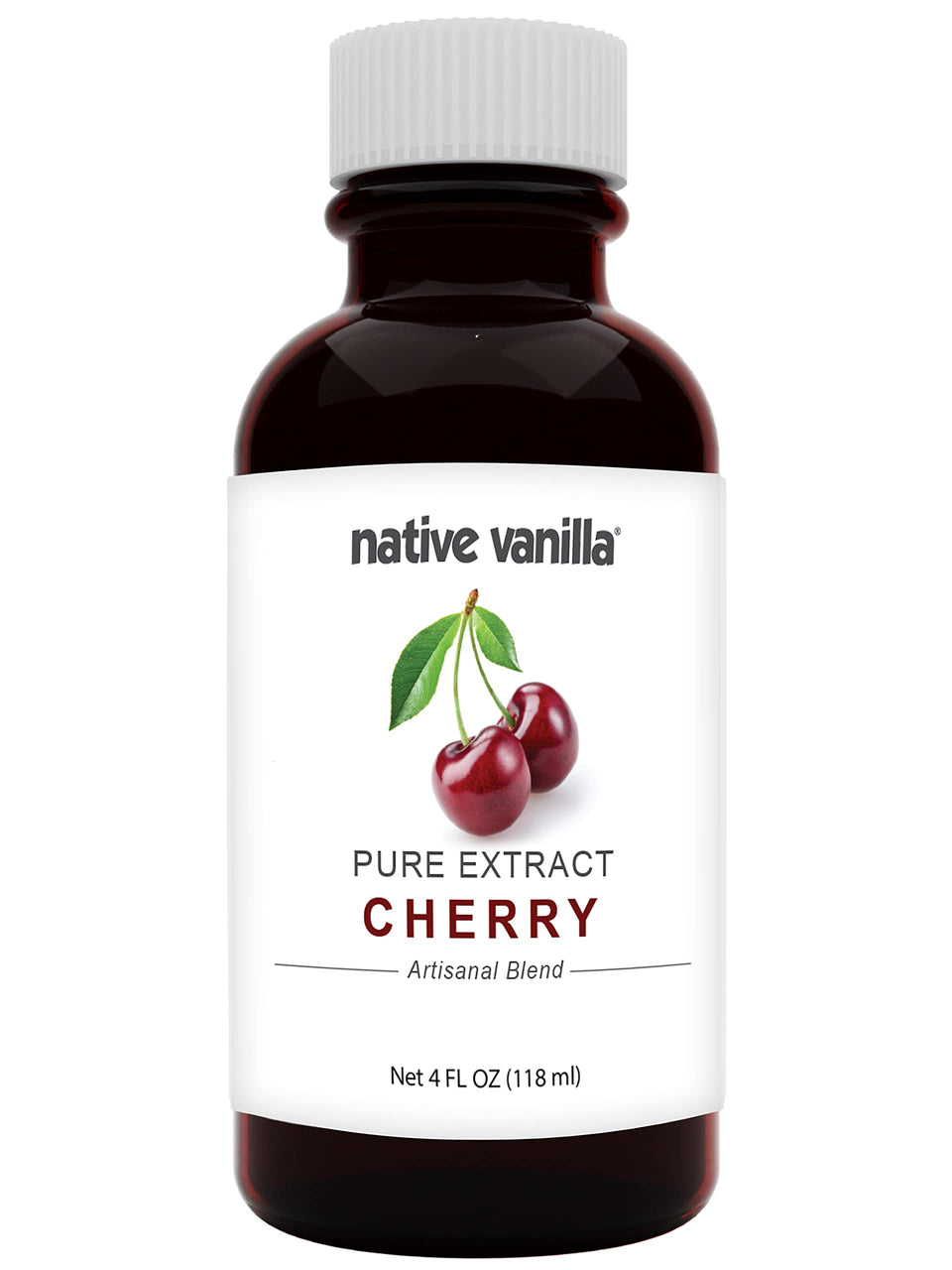 Native Vanilla Pure Cherry Extract bottle on countertop adds rich flavor to recipes.