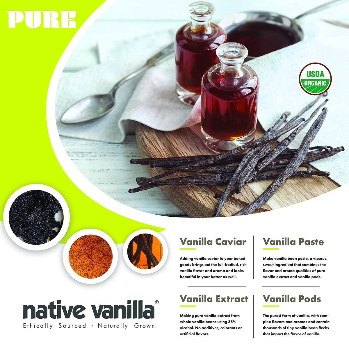 Native Vanilla long plump Madagascar beans highlighting quality and freshness.