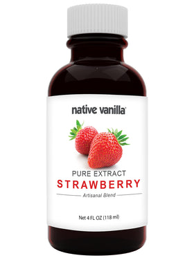 Native Vanilla Pure Strawberry Extract bottle close-up for premium flavor in desserts
