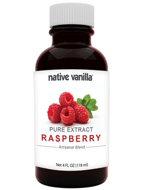 Native Vanilla Raspberry Extract bottle shows vibrant color, a versatile option for desserts