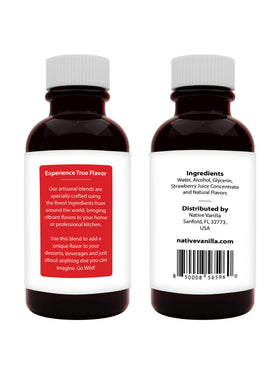 Native Vanilla Strawberry Extract label close-up highlighting pure flavor for cooking