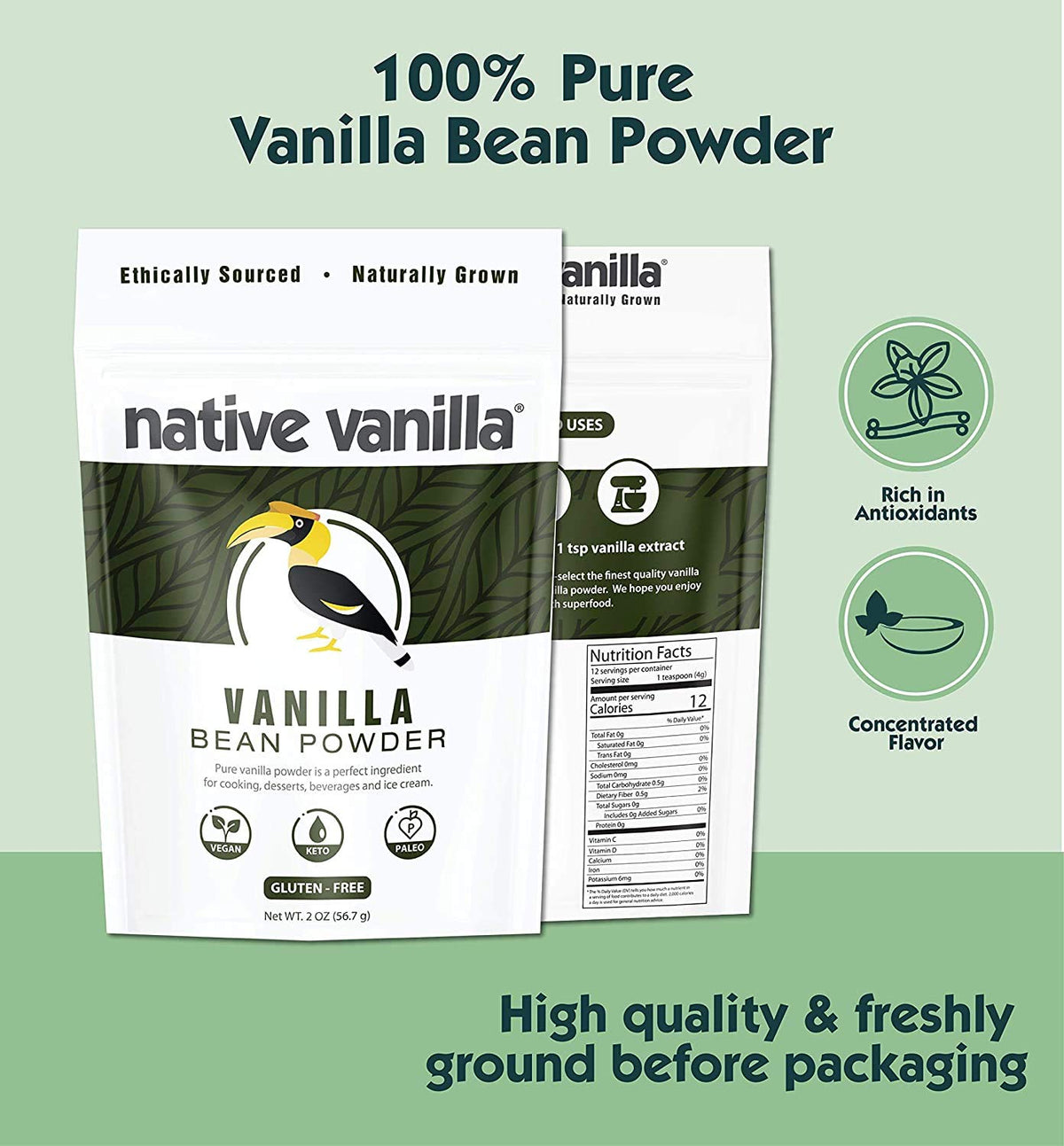Closeup of Native Vanilla Vanilla Bean Powder texture for smooth blending.