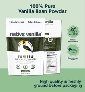 Closeup of Native Vanilla Vanilla Bean Powder texture for smooth blending.