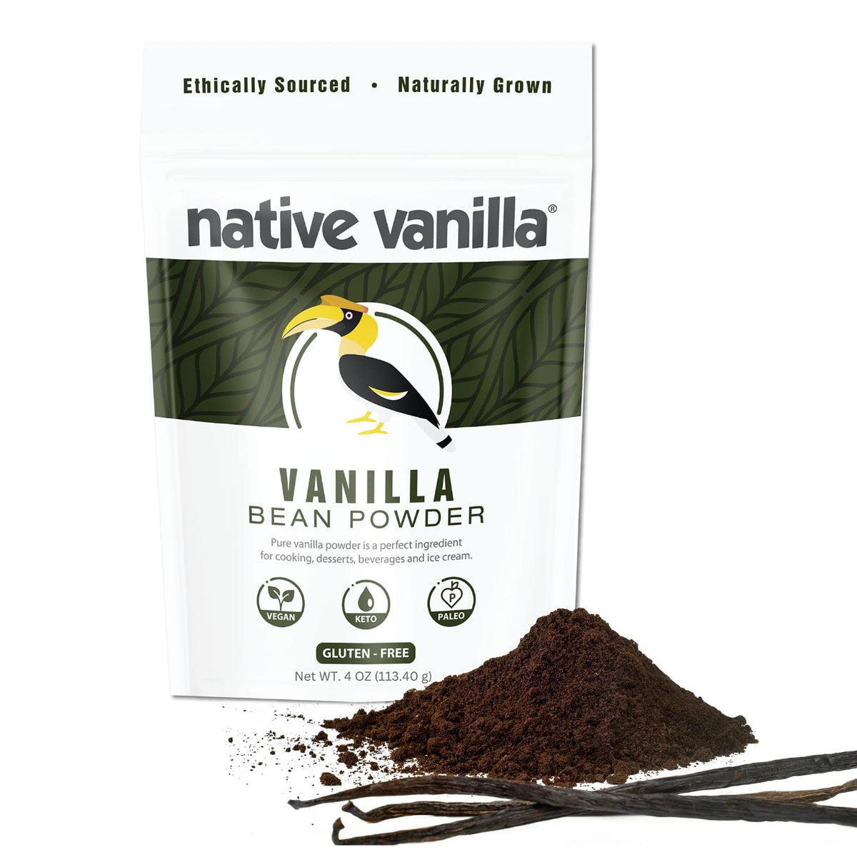 Native Vanilla vanilla bean powder jar shows pure, additive-free flavor for cooking and baking