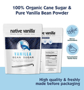 Native Vanilla sugar jar being poured to sweeten desserts