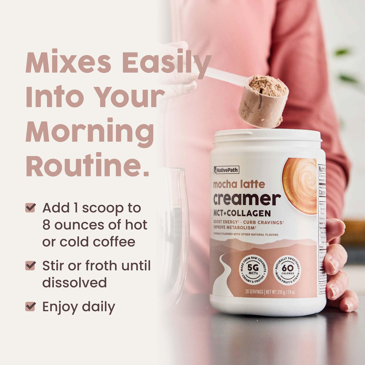 NativePath Keto Coffee Creamer Mocha scoop demonstrates easy one-scoop serving.