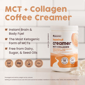 NativePath Hazelnut creamer in cup shows dairy-free latte texture and flavor