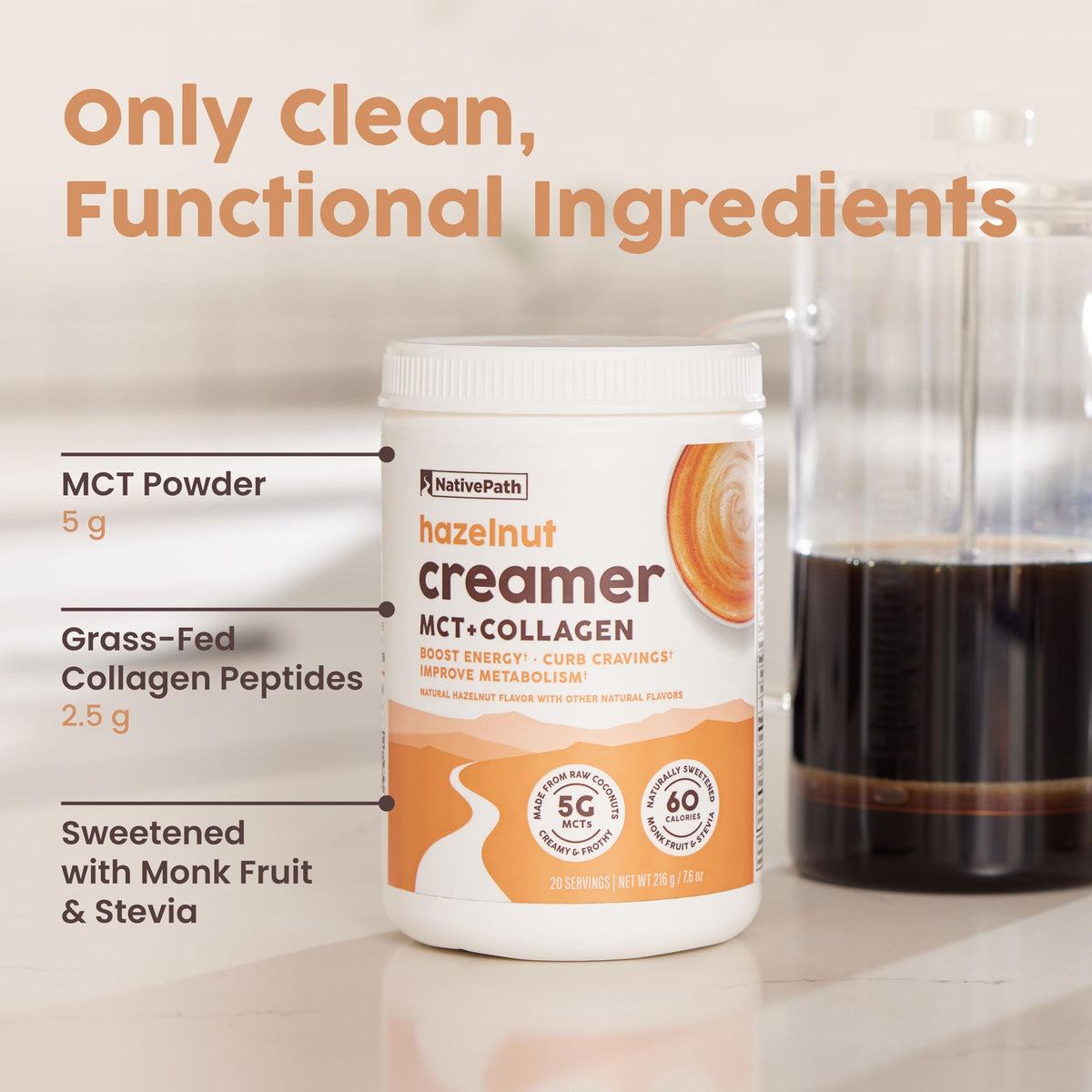 NativePath Hazelnut ingredient mix shows grass-fed collagen and MCT oil for a nutritious boost