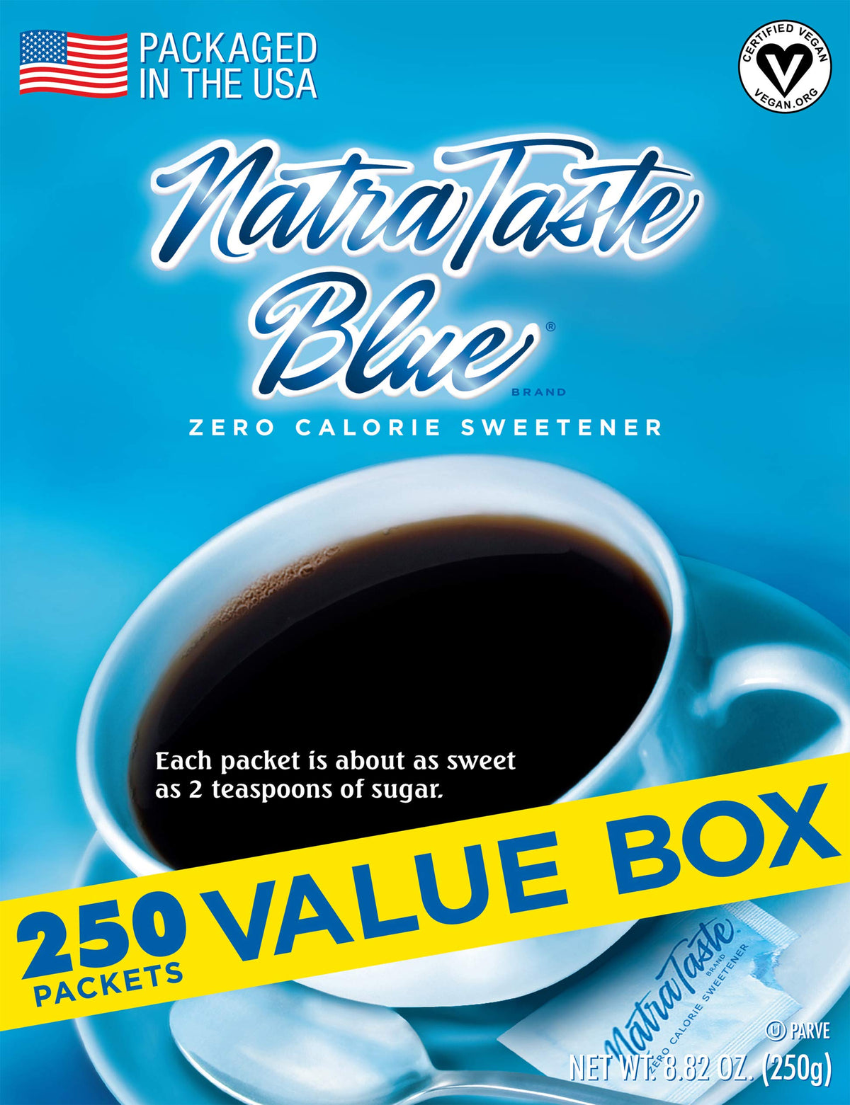 NatraTaste Blue sweetens coffee without calories for a smoother sip