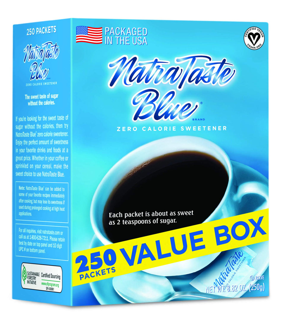 NatraTaste Blue packets in box for zero-calorie sweetness on the go
