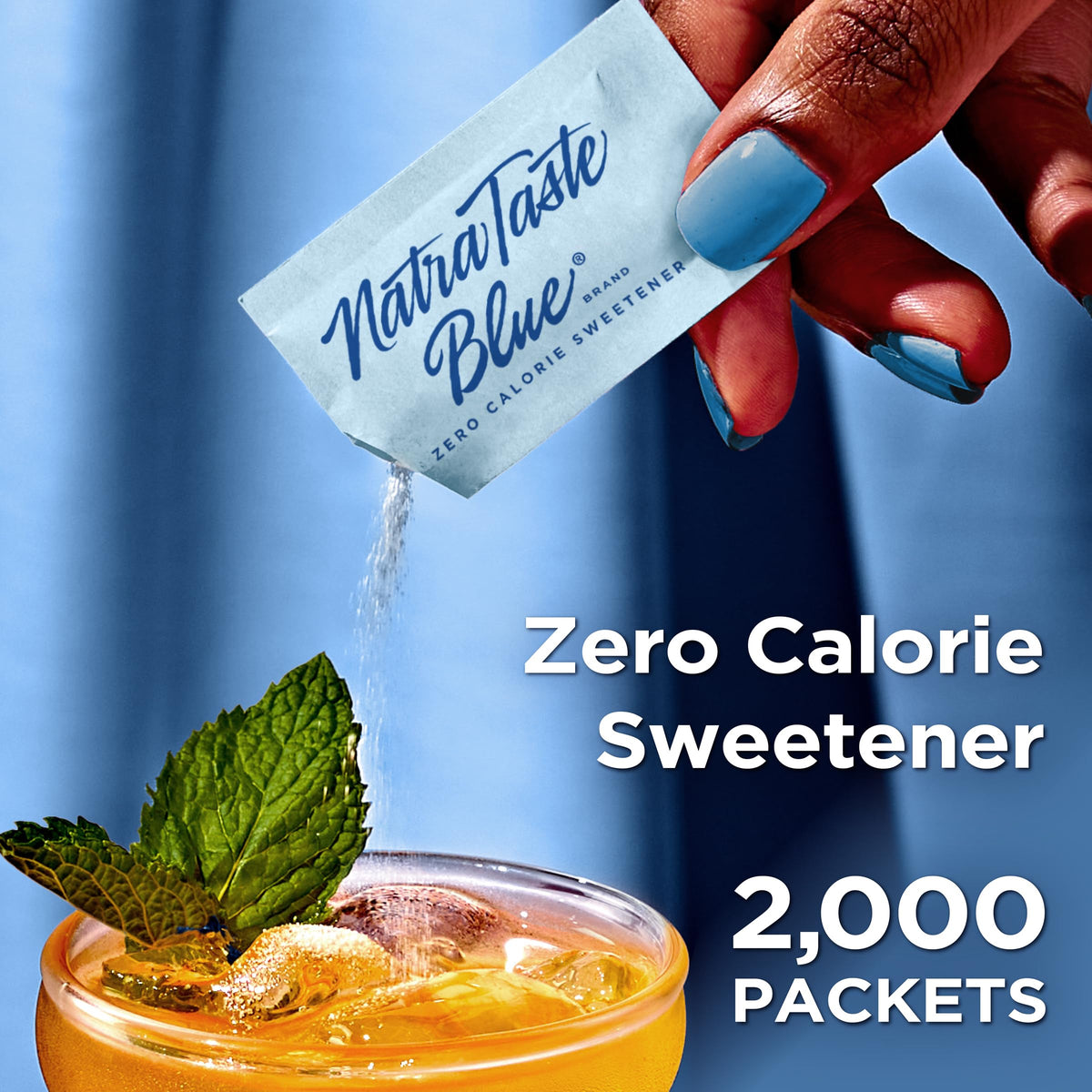 NatraTaste Blue packets in a coffee cup for a sugar-free boost.