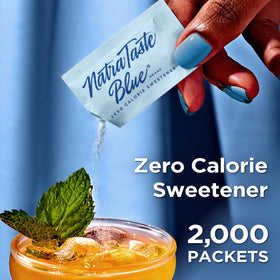 NatraTaste Blue packets in a coffee cup for a sugar-free boost.