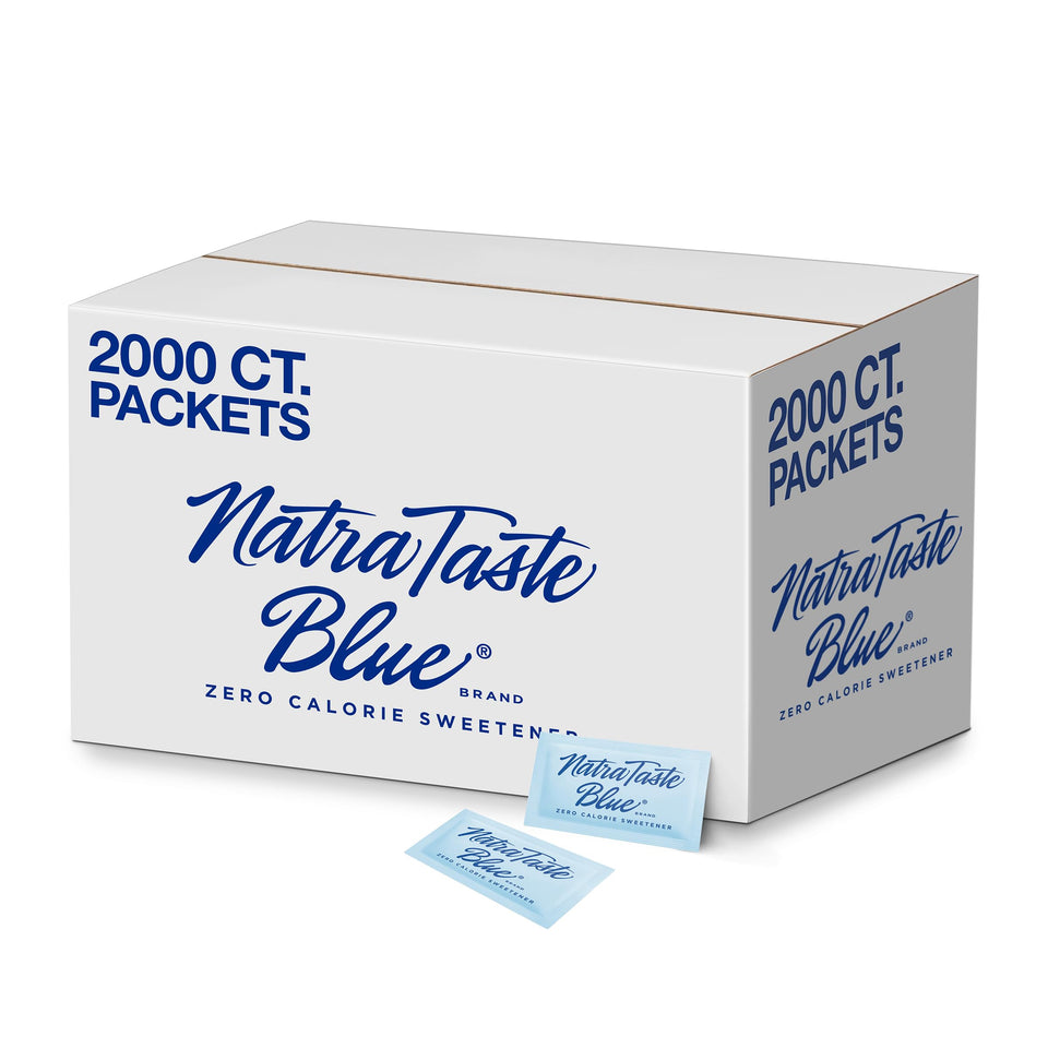 NatraTaste Blue zero-calorie packets close-up for on-the-go sweetness.