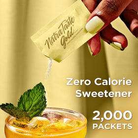 NatraTaste Gold packets stirred into iced tea for a refreshing, calorie-conscious sip.